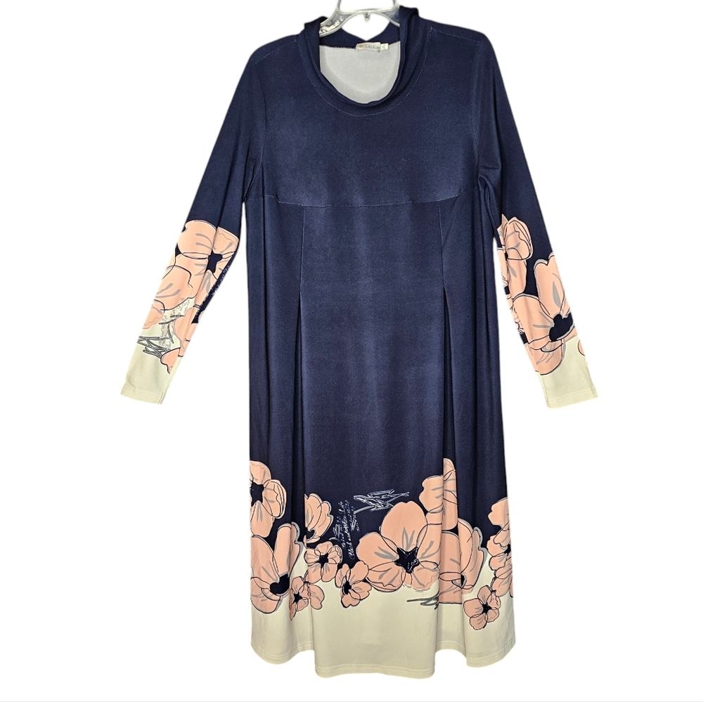 Lila Kass Pullover Navy Pink Floral Mock Neck L/S Baby Doll A-Line Midi Dress 3X